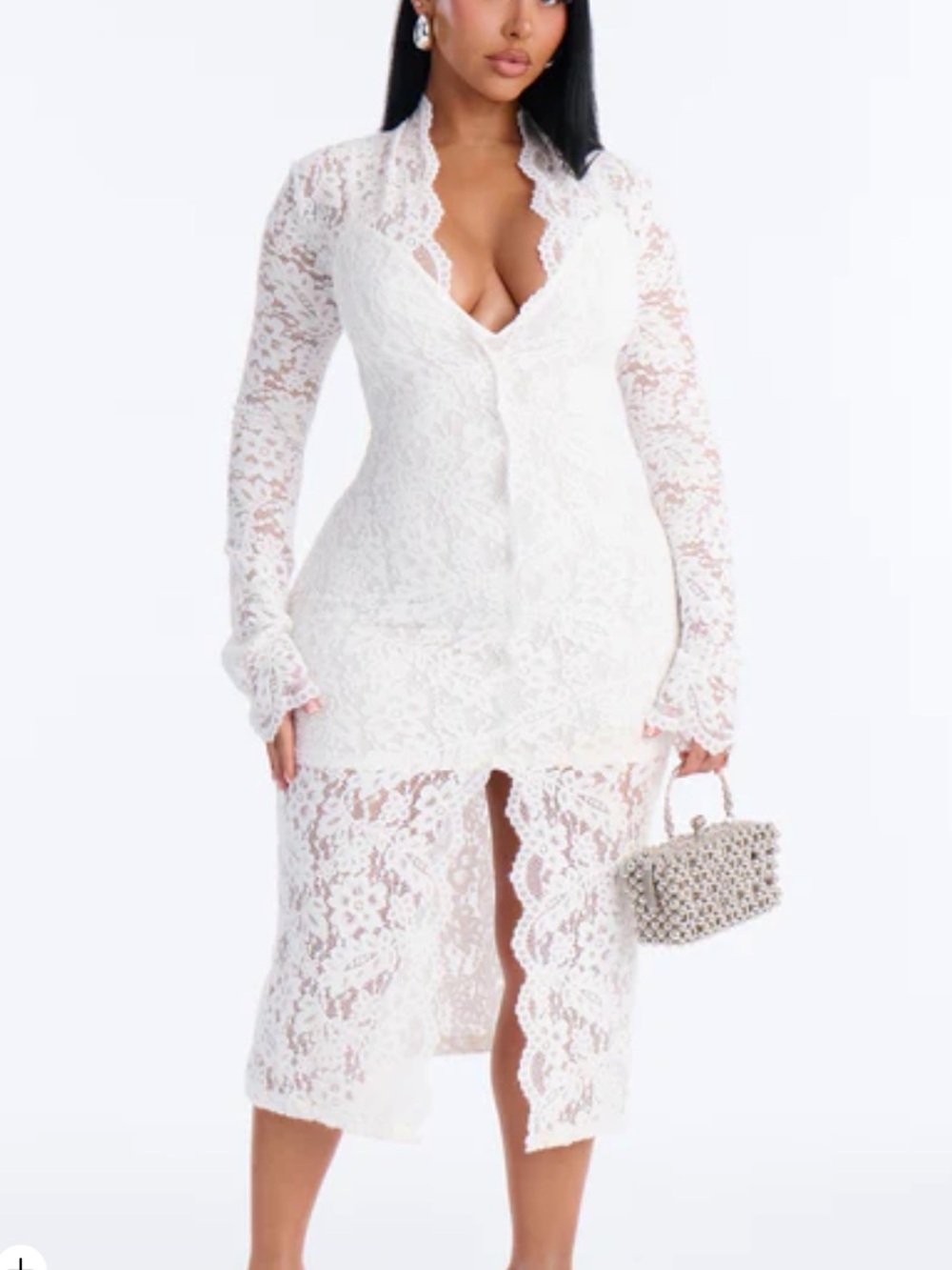 Fashion Nova NWT Lace Is More Long Sleeve Lace Midi Dress - White